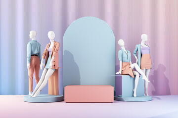 Statue of model mannequin in showcasing fashion formal clothes in abstract concept. isolate on multi color pastel background. promotion discount sale with geometric shape product stand. 3d rendering