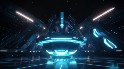 Blue spaceship interior with glowing, neon lights podium reflecting on the floor. Generative ai Futuristic corridor in space station with circles background.