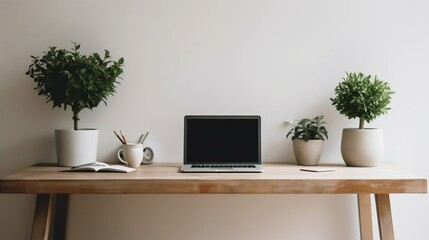 Minimalist Workspace Interior with Free Desk, Single Laptop, and Potted Plant. Generative ai