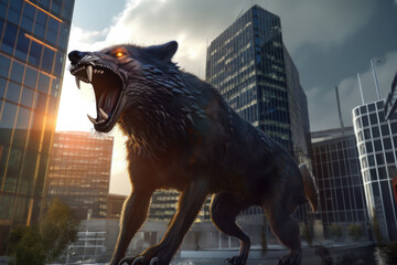 Mystical scandinavian beast wolf Fenrir destroying modern city. Fenrir start Ragnarok, sunset and big buildings. North Mythology background, Generative AI