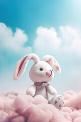 Obraz na płótnie Canvas happy baby toy lamb sitting on fluffy clouds ,fix toy in the clouds,lamb toy on sky