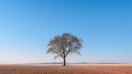 Minimalistic Outdoor Scene Featuring a Solitary Tree Against a Clear Blue Sky. Generative ai