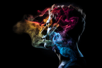 Male portrait in abstract multi color paint explosion on black background. Paint clouds with person silhouette on black background, Generative AI