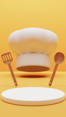 Podium for product showcase with chef hat, spatula and ladle. 3d render. 3d illustration.