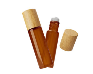Clear Brown Roll On Glass Bottle isolated on transparent background, prepared for mockup, 3D render.