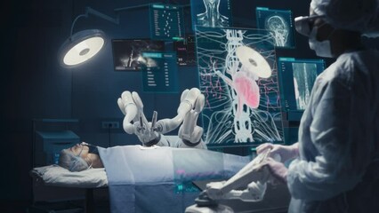 Surgeon Wearing AR Headsets And Using High-Precision Remote Controlled Robot Arms To Operate On Patient In Hospital. Doctor Controlling Robotic Limbs, Observing Organs On Holographic VFX Displays. - Powered by Adobe