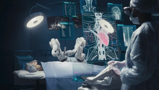 Surgeon Wearing AR Headsets And Using High-Precision Remote Controlled Robot Arms To Operate On Patient In Hospital. Doctor Controlling Robotic Limbs, Observing Organs On Holographic VFX Displays.