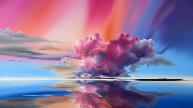 Illustration colorful sunset on the sea. Reflection of clouds in the sea surface. Generative ai Panaramic view on a colorful clouds with reflection in a ocean water