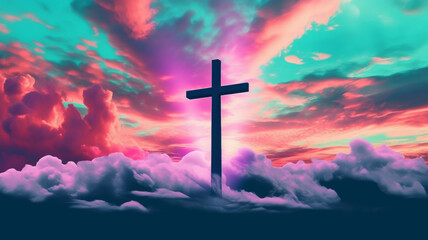Jesus cross symbol on colorful clouds background. Generative AI colorful clouds background with Christian cross in the middle. Christian religion Cross on spiritual background.