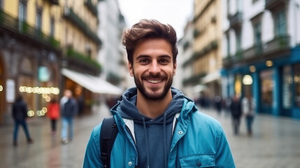 Fototapeta premium Portrait of A man taking in the middle of a street