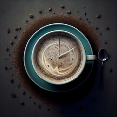 Cup of coffee with a clock, wake up in the morning, hot drink with caffeine, take a break, generative AI
