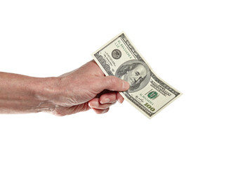 Men's hand holding 100 dollar bill isolated on white background. One hundred dollars bill in man hand to paying and giving