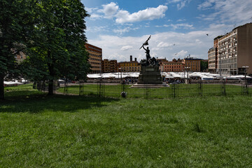 Overlook on Piazza 8 Agosto in Bologna (Italy) during the traditional market with over 400 hawkers.