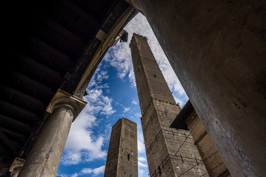 Torre degli Asinelli and Torre Garisenda: the two towers are the symbol of the city of Bologna (Emilia-Romagna region, Italy).