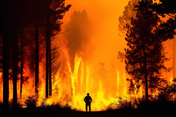 Fototapeta na wymiar Red and orange burning forest wildfire, black trees and lone firefighter person silhouette visible against heat glow. Generative AI