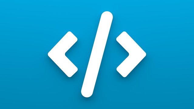 Minimalistic program code icon and quotation marks. 3d rendering of a flat icon on a blue background.