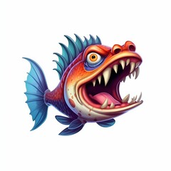 Obraz premium Angry Piranha Cartoon Character on White Background. Generative ai