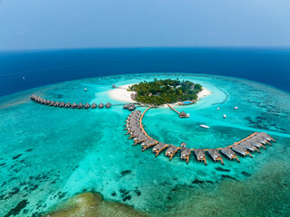 Aerial View, Maldives, North Malé Atoll, Indian Ocean, Thulhagiri Island Resort with Water Bungalows - obrazy, fototapety, plakaty