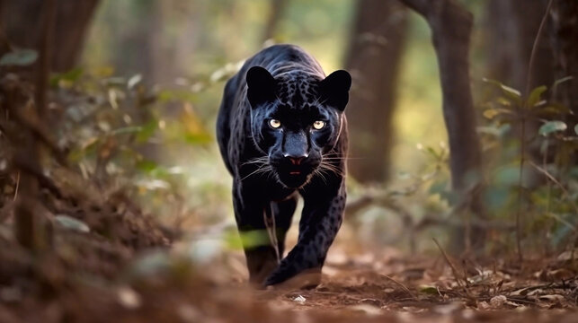 Black panther (Panthera leo) walking in autumn forest. AI Generative Image