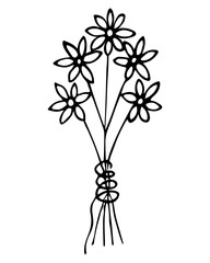 Flowers. Sketch. The bouquet is tied with a rope. Vector illustration. Doodle style. Flowering plant . Coloring book for children. Outline on isolated background. Idea for web design, postcard