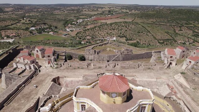 Breathtaking view of Nossa Senhora fort. Revealing aerial. Elvas, Portugal
