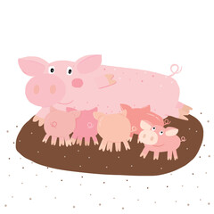 Vector illustration of mother pig feeding her little pigs