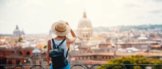 Papier Peint photo Rome Young attractive smiling girl tourist exploring new city at summer