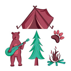 Camping icon collection. Bear with guitar, camp tent, tree, fire vector illustration