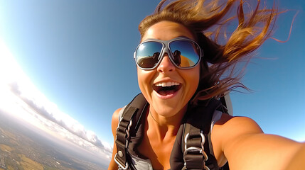 Young woman parachutist smiling in free fall. Perfect concept of happiness and freedom. Generative AI
