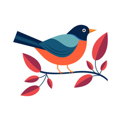 A colorful bird sits on a pink lush tree limb using vector illustration art