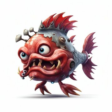 Scary Devil Fish Cartoon Character on White Background. Generative ai