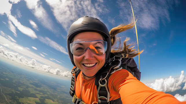 Young woman parachutist smiling in free fall. Perfect concept of happiness and freedom. Generative AI