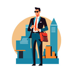 Businessman with a hanging bag towards a background of offices vector art illustration