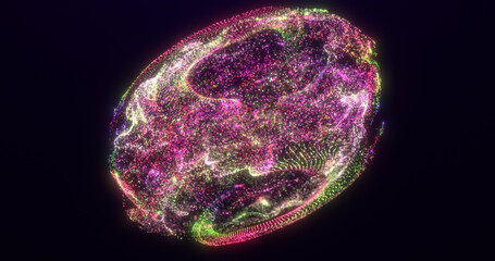 Abstract futuristic shape of smoke and dust particle flow, nebula, liquid particle explosion, glowing energy sphere, digital flow points.
