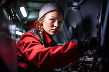 A female worker skillfully operating high-tech machinery in a modern automotive manufacturing setting. Generative Ai