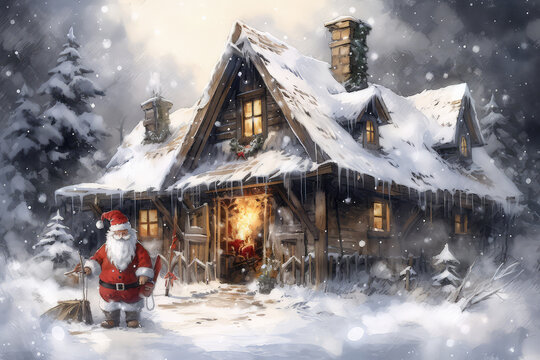 illustration painting of Christmas character greeting design. Merry christmas text with santa claus characters in outdoor snow for xmas holiday eve celebration. 2d illustration. (ai generated)