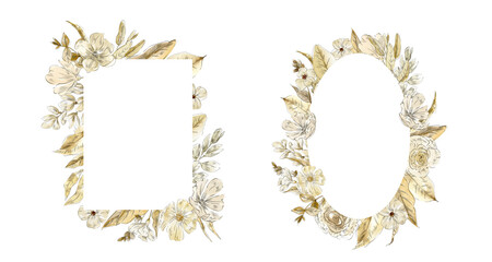 Watercolor beige  frames, bouquets  and seamless border with dry leaves and herbs, boho loral arrangement. illustration for Save the Date, baby shower, wedding invitation cards © Yevheniia Poli