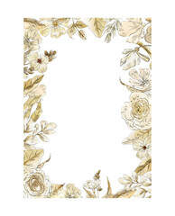 Watercolor beige  frames, bouquets  and seamless border with dry leaves and herbs, boho loral arrangement. illustration for Save the Date, baby shower, wedding invitation cards