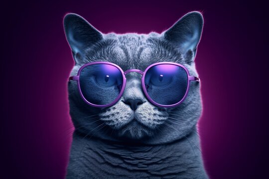 Close-up portrait of beautiful Russian blue cat using purple sunglasses on black background. Generative AI 
