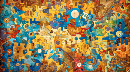 multi colored jigsaw puzzle assembled into a art picture, creative education in the form of a game wallpaper and background made with Generative AI