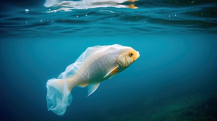 Fish being trapped by a plastic bag discarded in the ocean by humans. Climate change concept.Image ai generate. Generative AI
