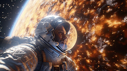 Astronaut Portrait in Outer Cosmos Space Against Planet in Fire, generative ai