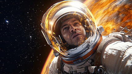 Astronaut Portrait in Cosmos Outer Space Against Planet in Fire, generative ai