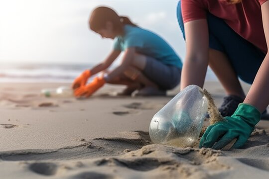 Volunteers picking up trash from the beach.Image ai generate. Generative AI