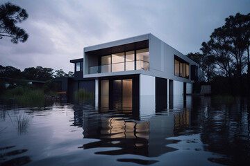 Fototapeta premium Flooded house due to climate change and CO2 emissions..Image ai generate. Generative AI