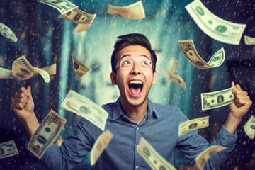 Winning a lottery concept. Smiling Asian man, with happy expression, mouth open in excitement - money banknotes flying in air around. Generative AI - obrazy, fototapety, plakaty