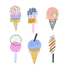 Creative hand drawn ice cream set. Vector summer background. great for poster, stickers, apparel design