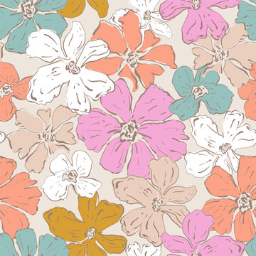 Hand drawn retro style floral texture. Blooming flowers seamless pattern. Perfect for fabric, textile, wrapping paper. Vector illustration