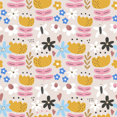 Seamless floral cartoon pattern. Botanical texture for fabric, textile. Vector illustration