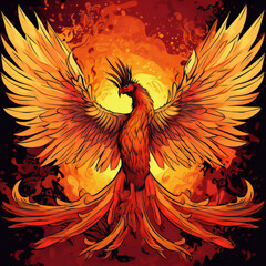Obraz premium Phoenix Bird Wings Spreading Fiery orange Fantasy Background Illustration